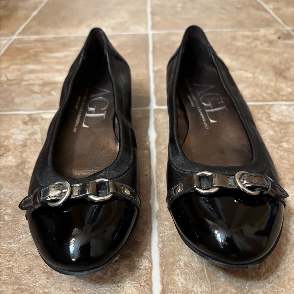 AGL Monika Cap Toe Ballet Black Flat 6.5 US Women’s Leather Made in Italy - Picture 2 of 12